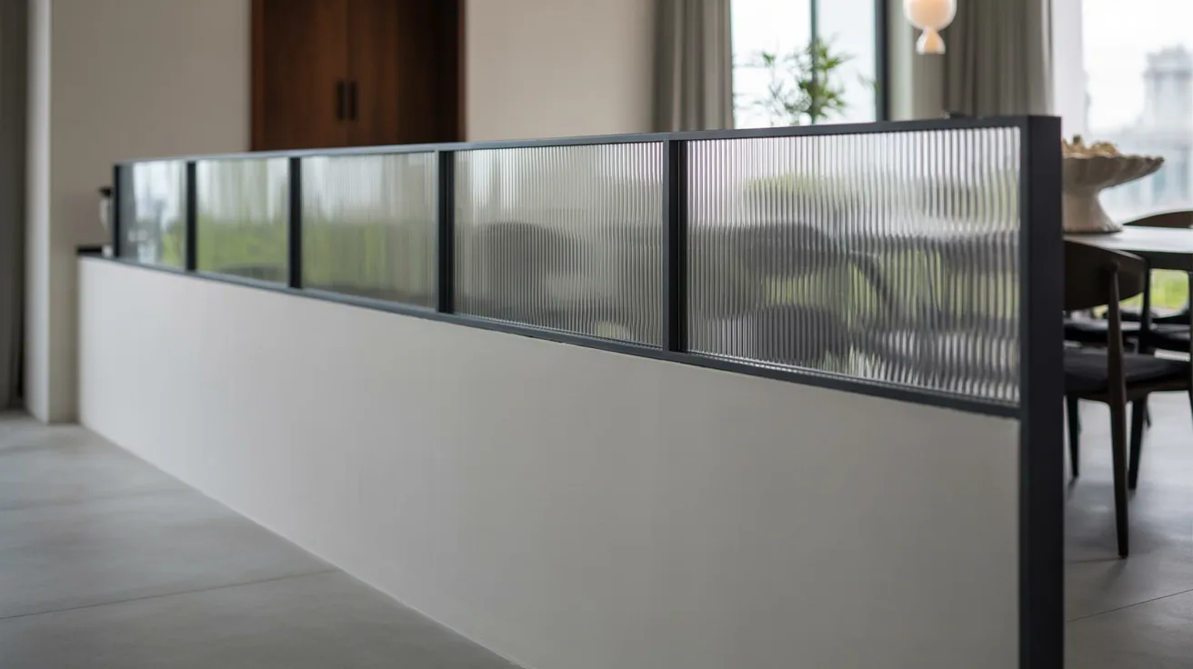 A modern, minimalistic interior features a low wall with textured glass panels, separating a dining area. The space is bright and open, conveying tranquility.