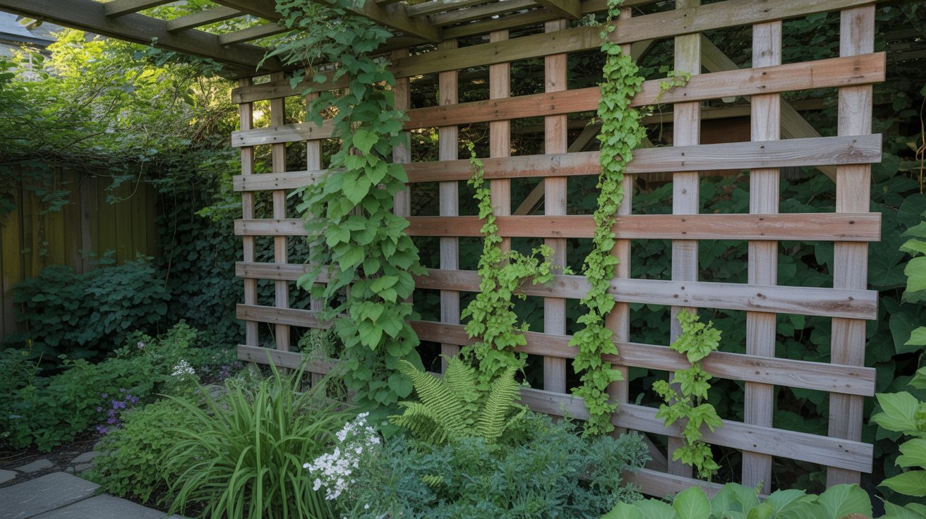 Wooden trellis with lush green vines and climbing plants, surrounded by ferns and flowers in a serene, sunlit garden setting.
