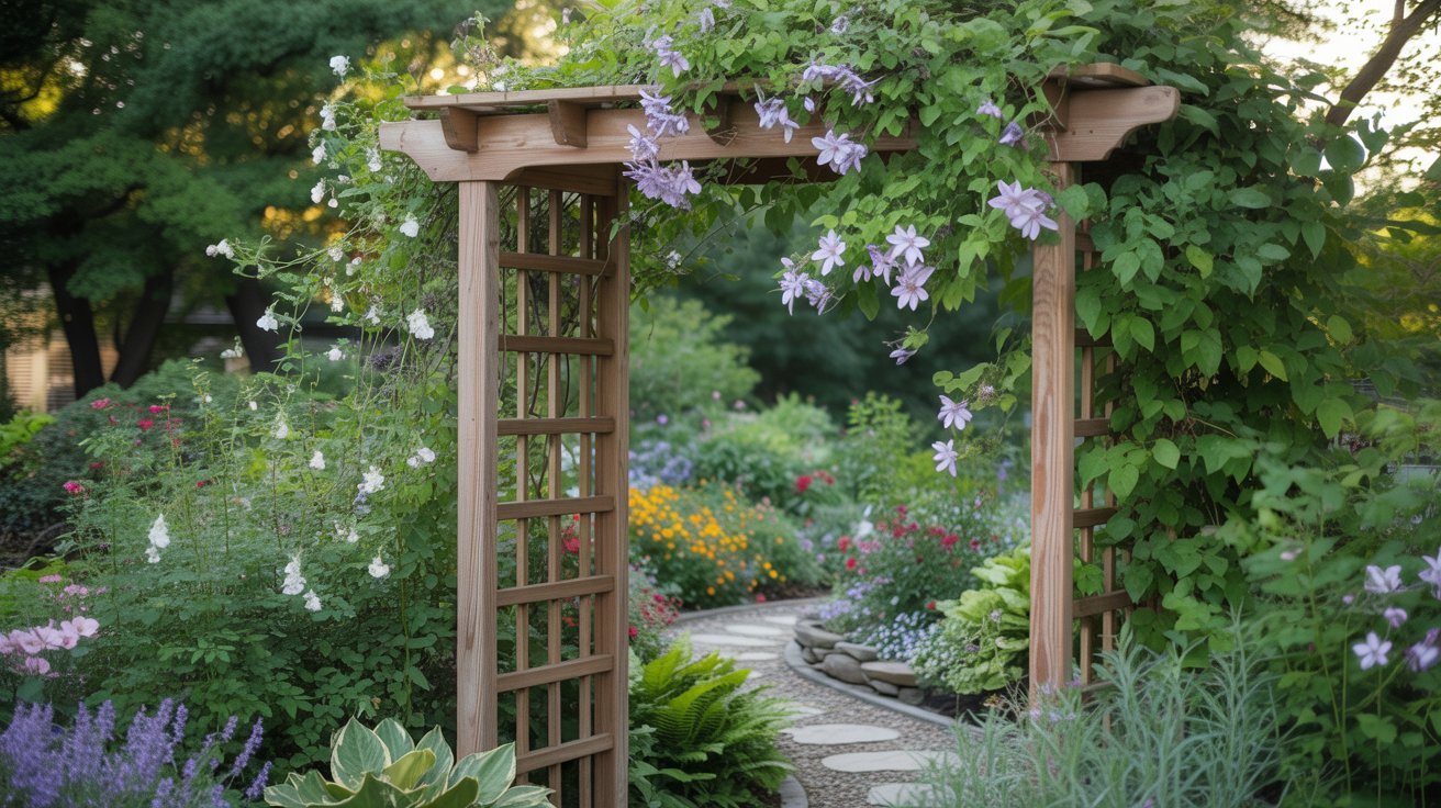 Wooden garden arch draped with blooming purple flowers leads to a winding stone path, surrounded by lush, colorful plants and greenery. Serene and inviting.