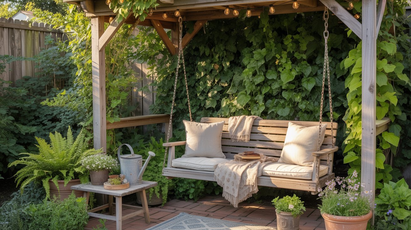 Wooden swing seat with cushions under a vine-covered pergola. A cozy garden setting with potted plants, soft lighting, and a relaxing atmosphere.