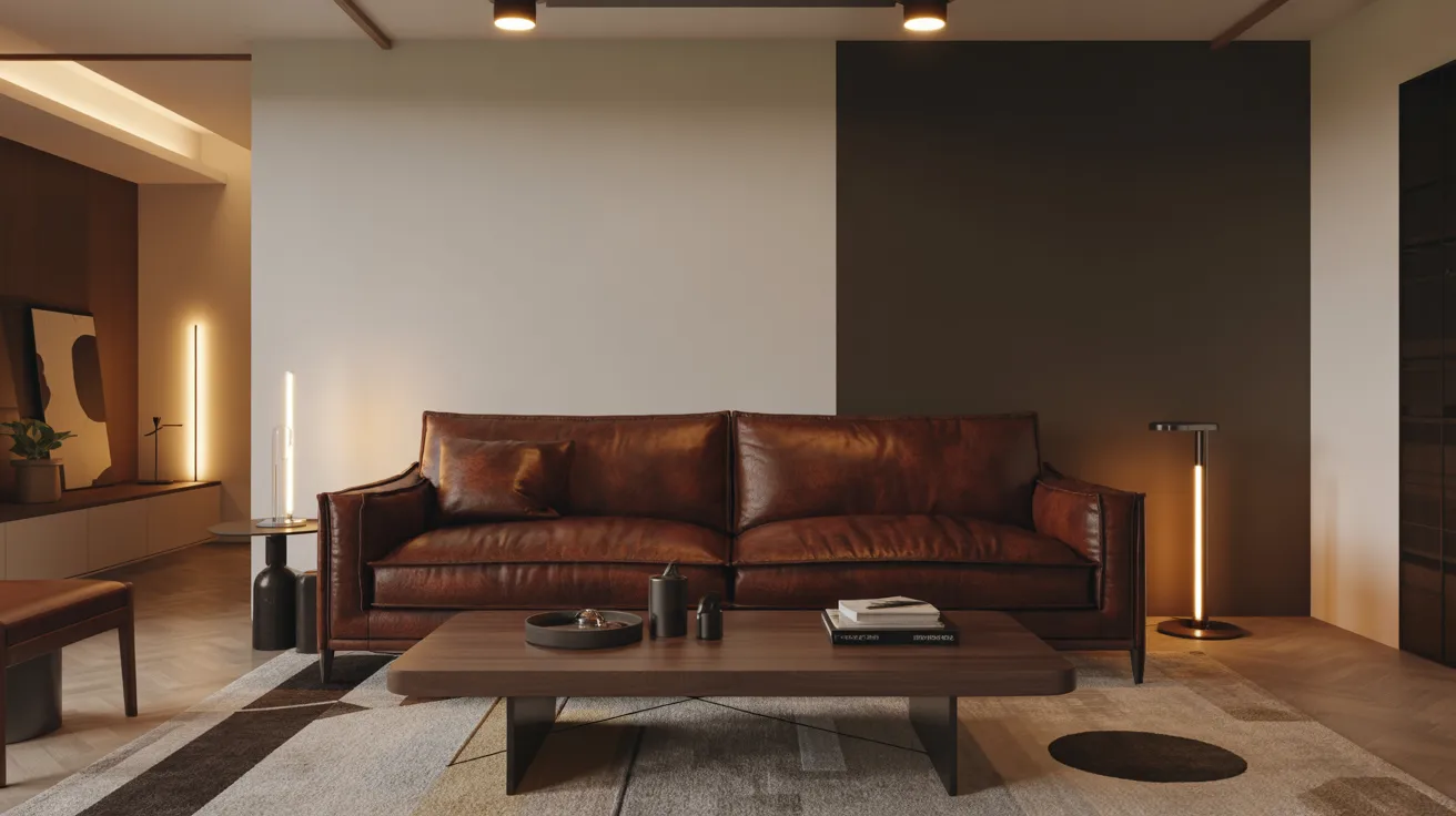 A modern living room featuring a sleek leather couch and a stylish coffee table.
