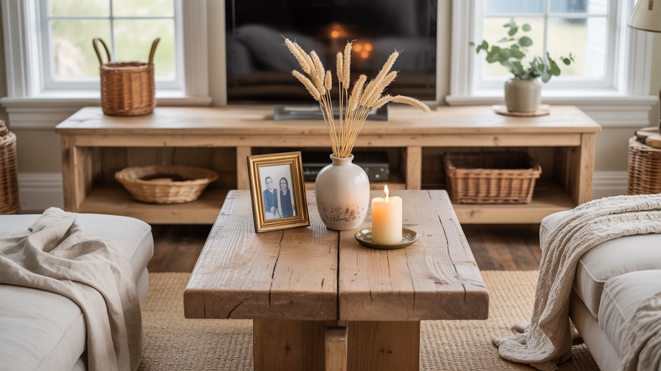 Cozy living room with a rustic wooden table holding a framed photo, vase of dried reeds, and lit candle. Soft couches and wicker baskets enhance warmth.
