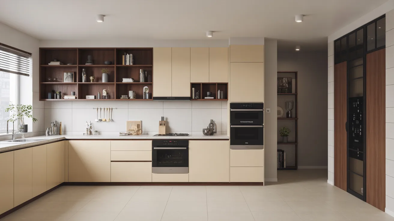 A modern kitchen featuring a white countertop and wooden cabinets, showcasing a sleek and stylish design.