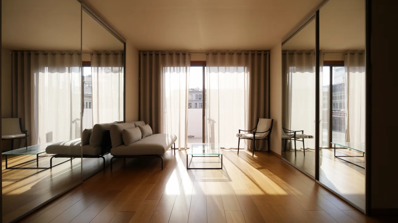 Spacious, modern living room with wooden floors, a cream sofa, glass tables, floor-to-ceiling windows with sheer curtains, and mirrored walls reflecting sunlight.