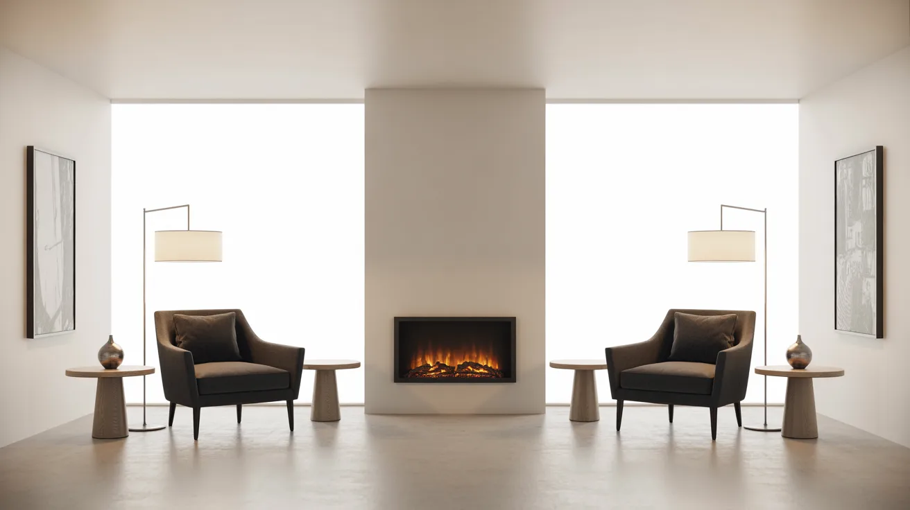 Minimalist living room with two dark armchairs facing a central modern fireplace. Flanked by side tables and lamps, abstract art adorns the walls.