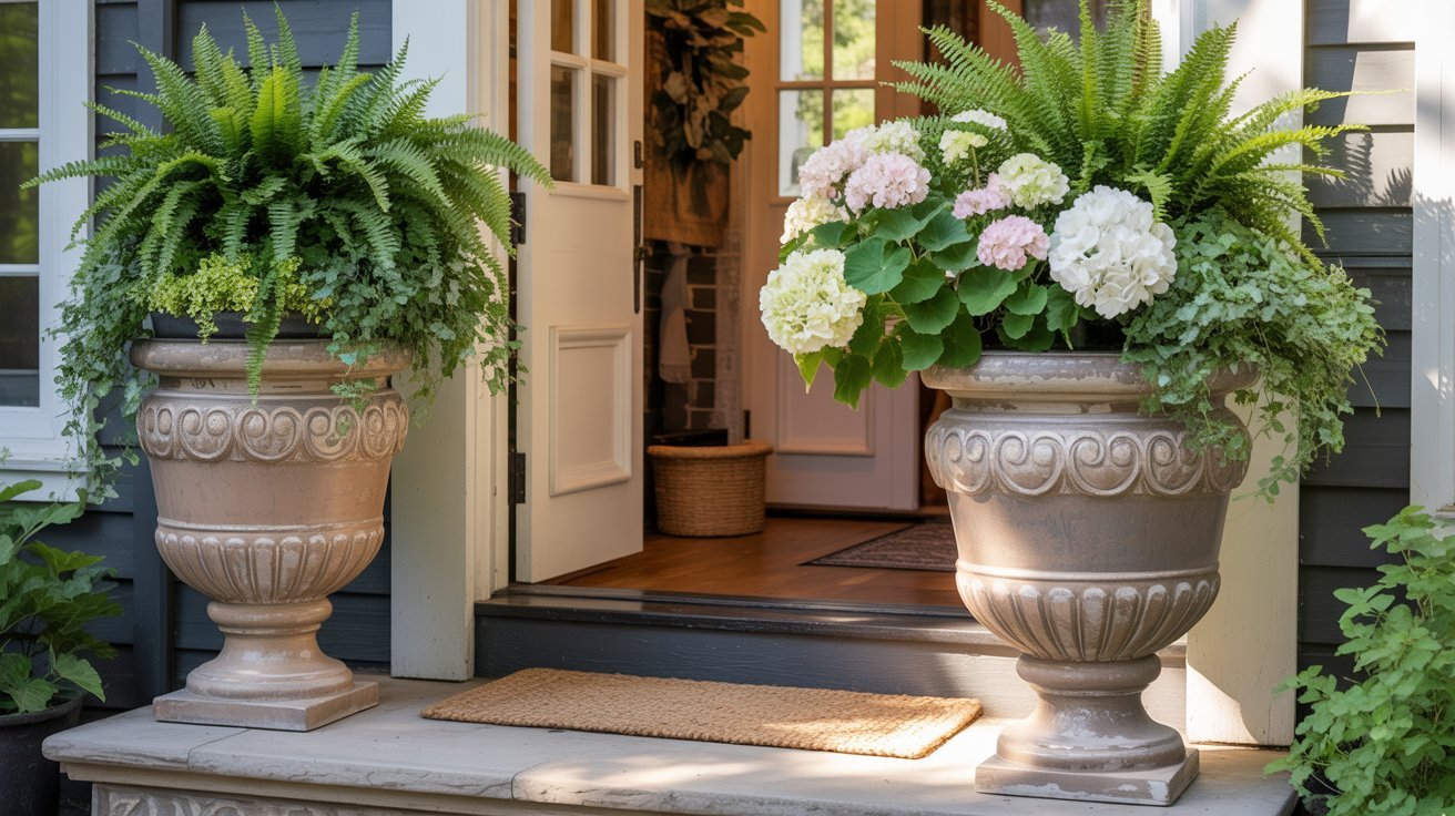 Elegant stone planters with lush green ferns and white hydrangeas flank a welcoming open door, creating a serene and inviting entrance to a home.