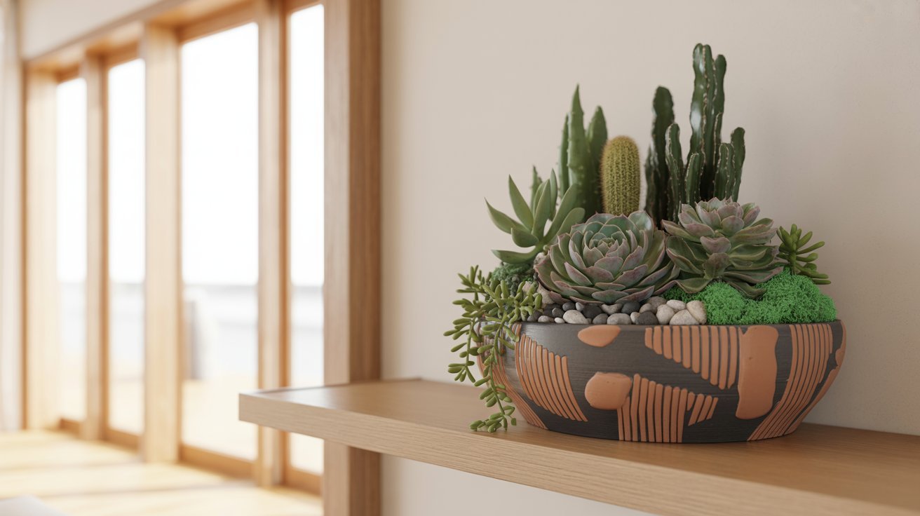 A decorative bowl of assorted succulents, including cacti and leafy varieties, rests on a wooden shelf. Sunlight filters through large windows, casting a warm glow.