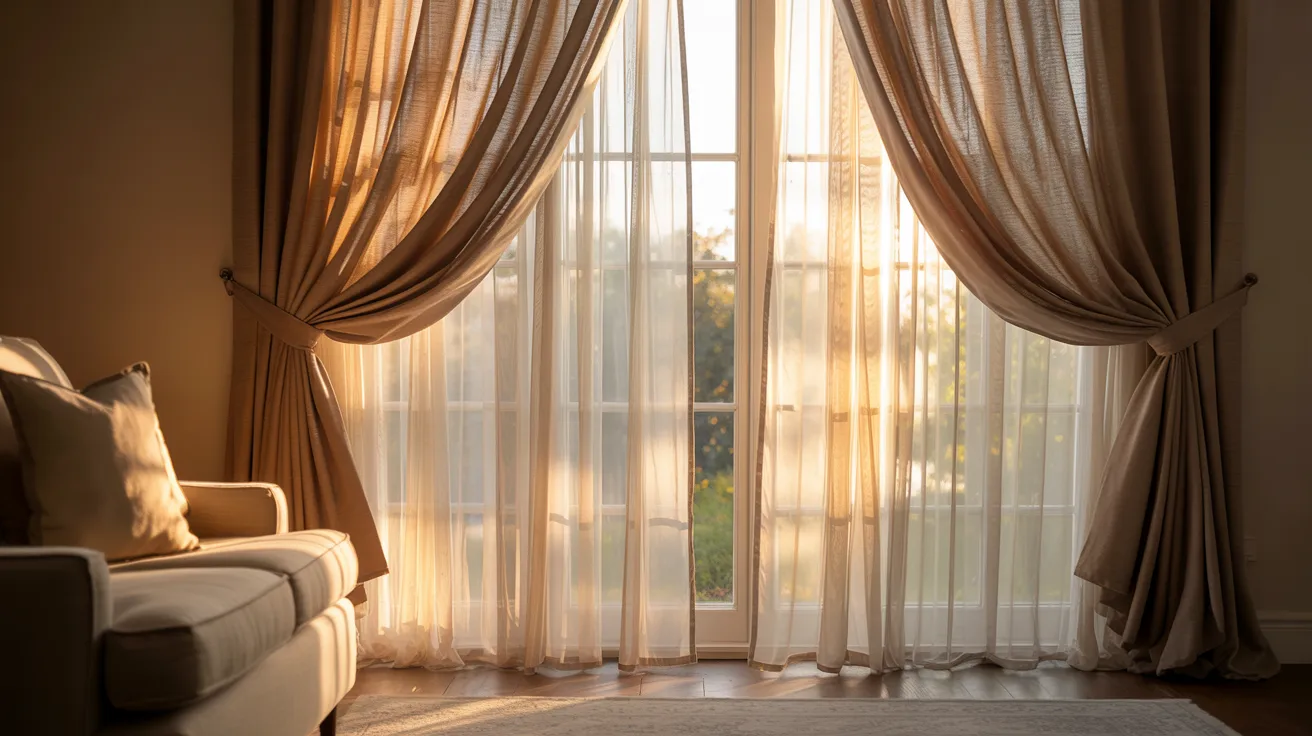 Sunlight filters through sheer curtains in a cozy living room. A beige sofa with cushions sits to the left, creating a warm and inviting atmosphere.