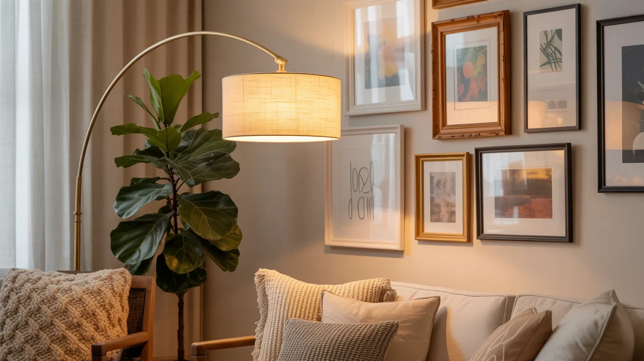 A cozy living room features a soft beige couch with textured cushions, a large potted plant, and a curved floor lamp. Framed art decorates the warm, inviting wall.