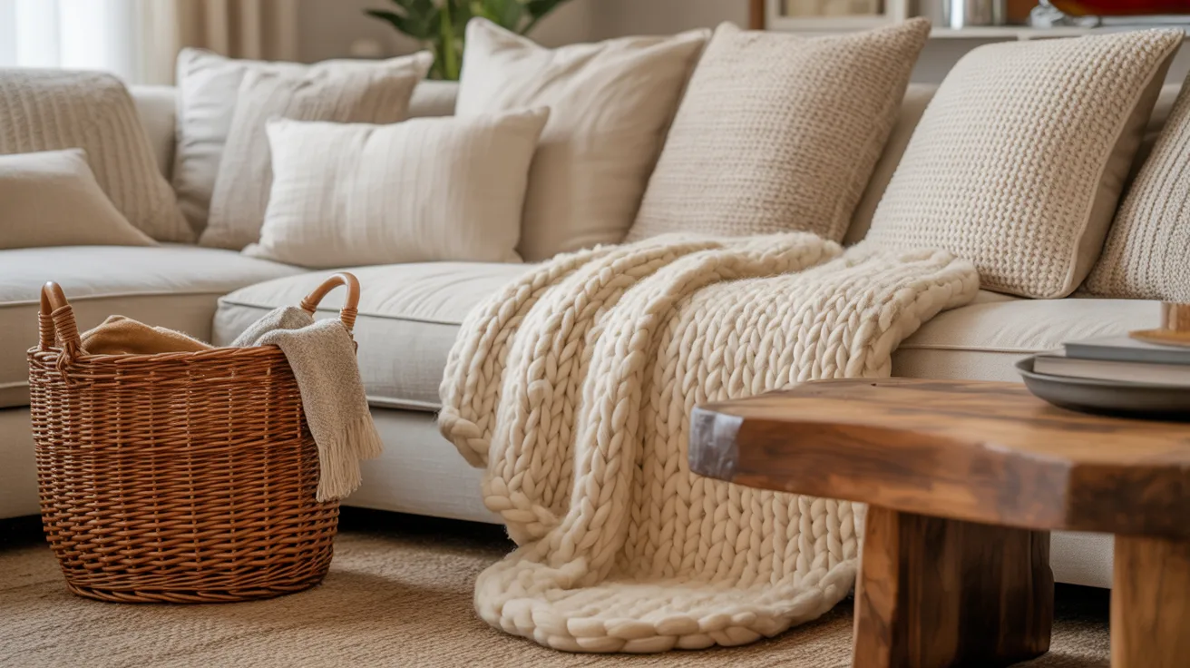 A white couch accompanied by a woven basket and a wicker basket, creating a cozy living space atmosphere.
