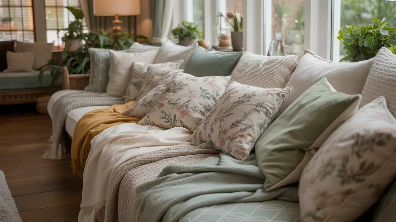 A cozy living room with a light-filled window seat adorned with plush pillows in floral and pastel hues. Soft blankets add warmth. Plants provide greenery.
