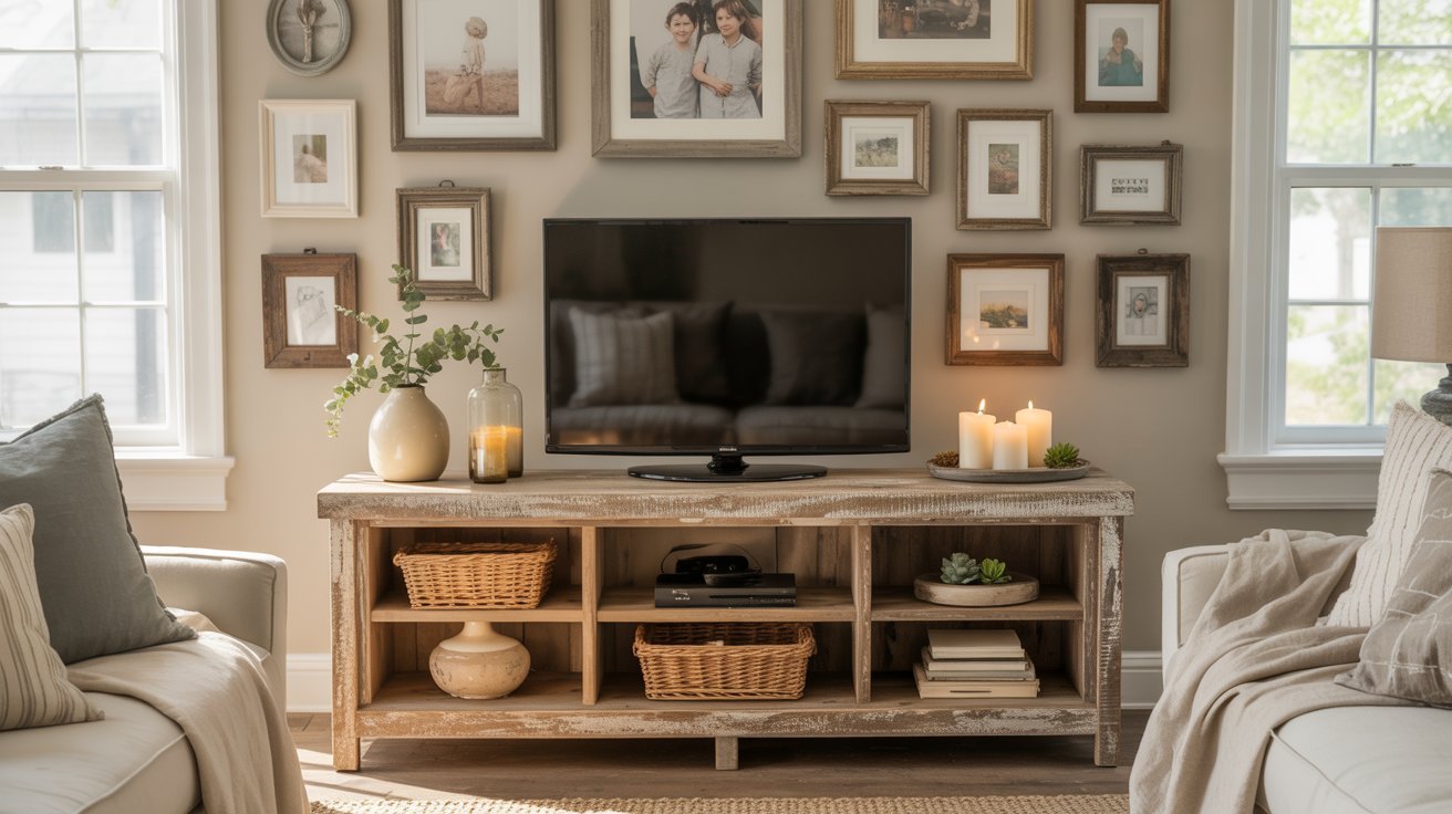 Cozy living room with TV on rustic wooden console, surrounded by framed family photos. Candle and plant decor adds warmth. Soft, neutral tones. /></p>
<p>Frames add a personal and artistic touch to your TV wall.</p>
<p>Use distressed wood frames to display photos or artwork. Mix different sizes for a more natural, collected look.</p>
<h3>9. Decorate with Wooden Bead Garlands</h3>
<p><img decoding=