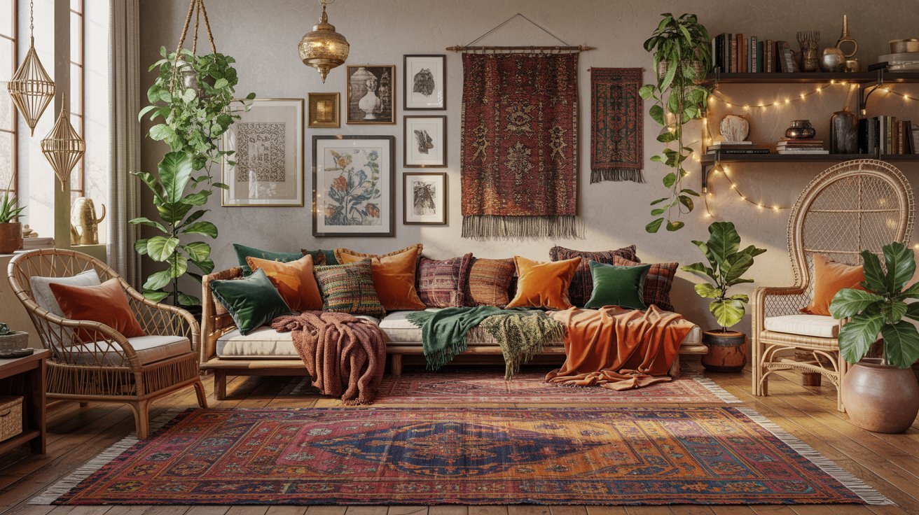 Cozy bohemian living room with rattan furniture, colorful cushions, vibrant rugs, and lush plants. Warm lighting and eclectic wall art create a relaxed atmosphere.