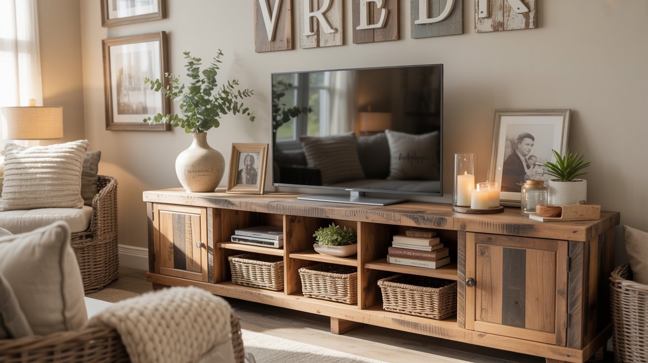 Cozy living room with a wooden TV stand, baskets for storage, and warm lighting. A plant, candles, and framed photos add a homely touch.