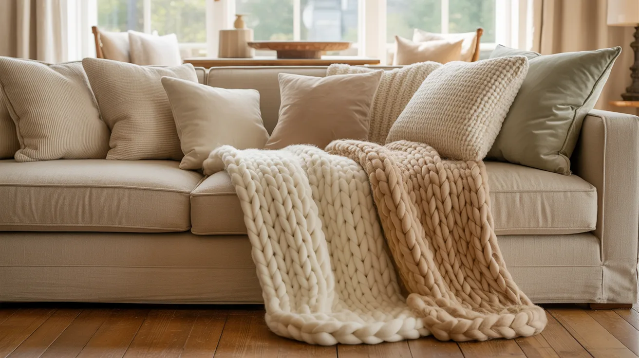 A cozy beige sofa with multiple plush pillows in neutral tones, draped with chunky knit blankets in cream and tan, set in a sunlit living room.
