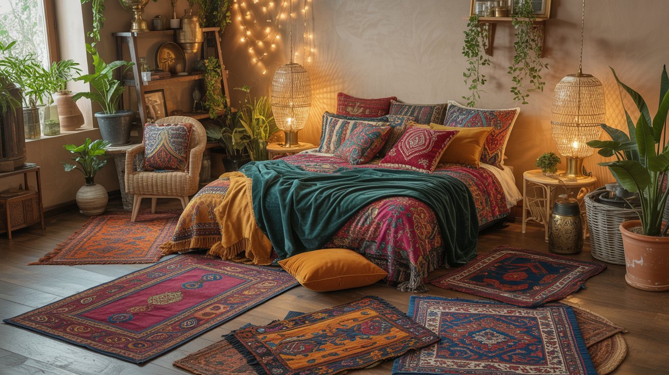 A cozy, bohemian bedroom with a plush bed adorned with colorful patterned pillows and throws. Ornate rugs cover the wooden floor. Warm lighting and lush plants add to the inviting ambiance.