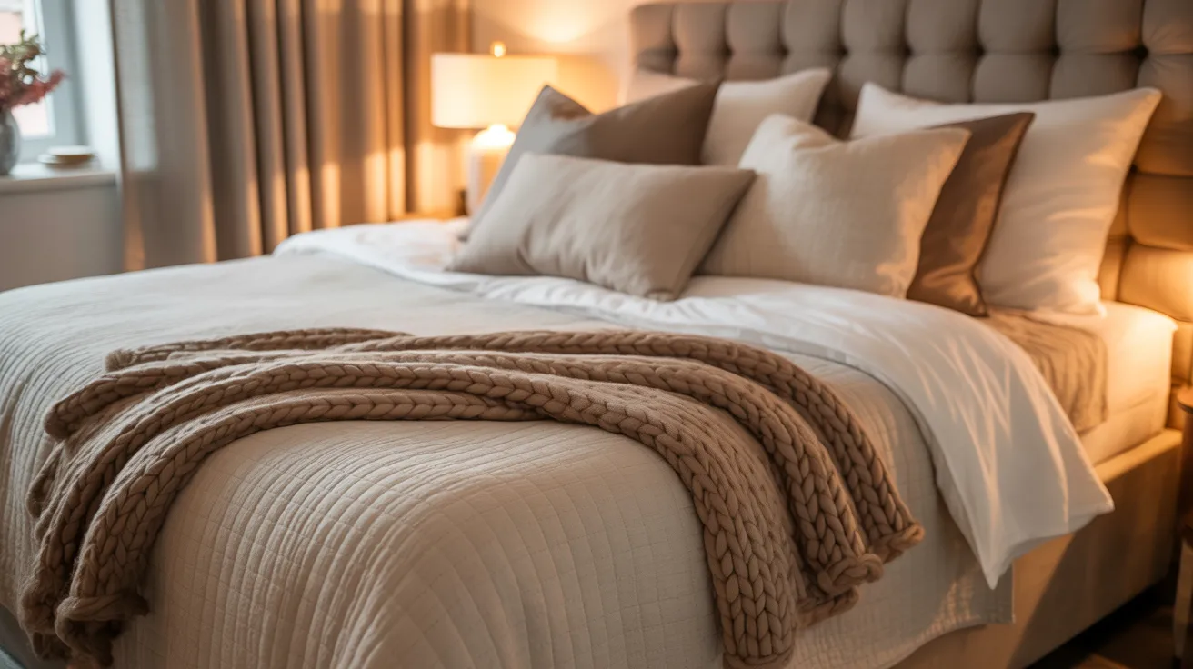 A cozy bedroom with a cushioned headboard bed, layered with beige knit blanket and neutral pillows. Soft lighting creates a warm and inviting atmosphere.