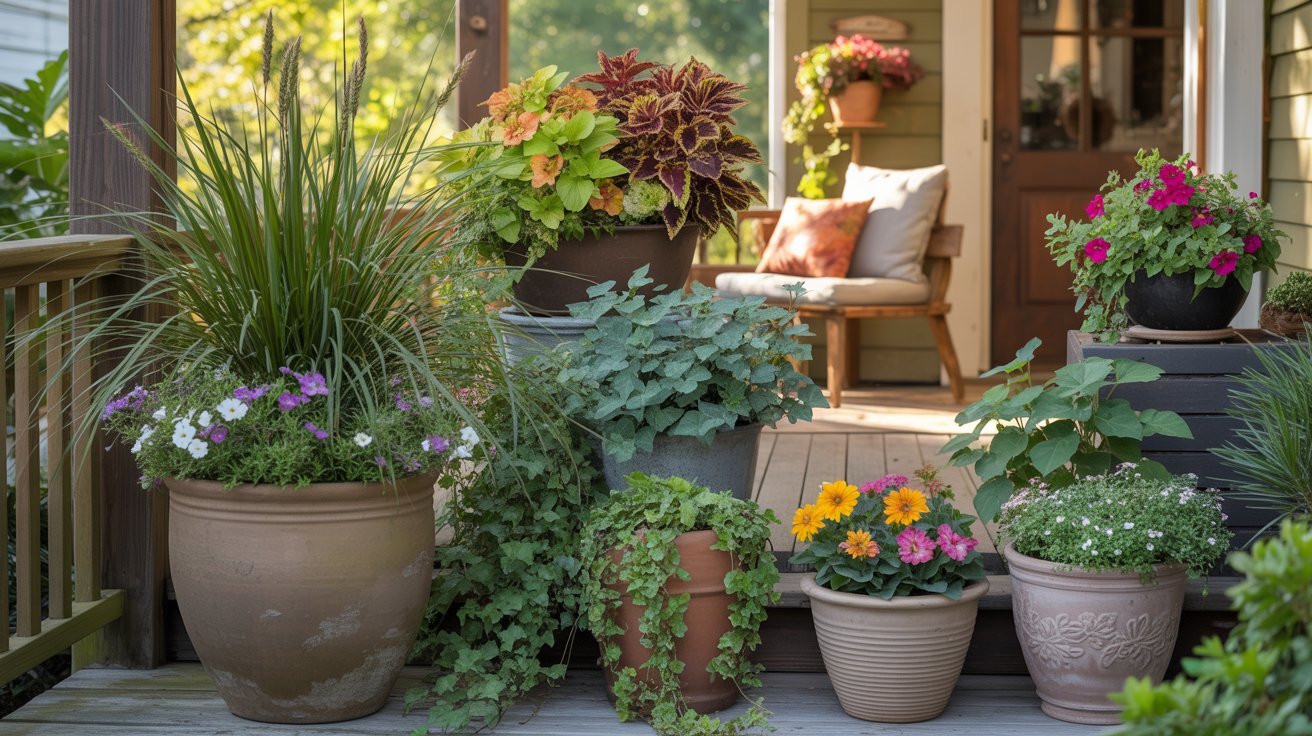 A cozy porch adorned with various potted plants, including vibrant flowers and lush greenery. A wooden bench with cushions is visible, creating a warm, inviting atmosphere.