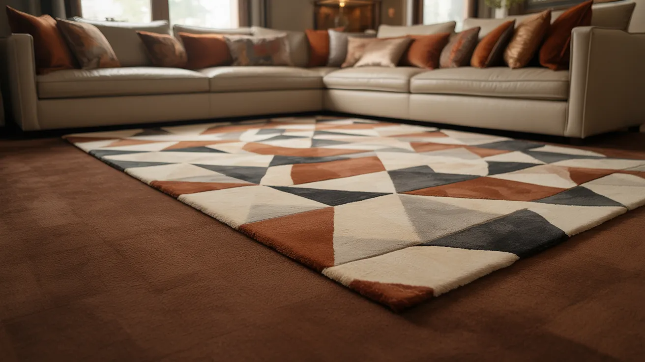 A modern living room with a large, geometric-patterned rug in white, gray, and rust. The room features a beige sectional sofa with assorted brown and tan pillows, creating a warm and cozy atmosphere.