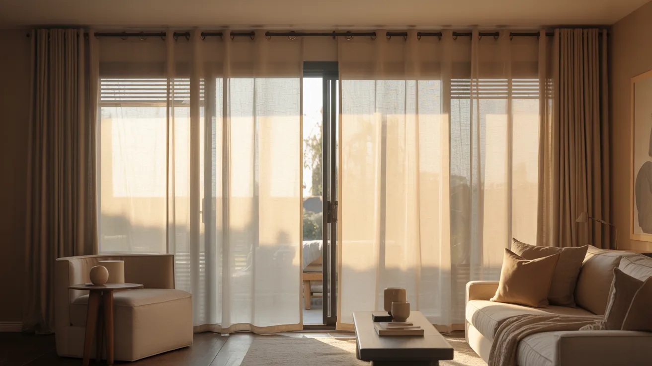Cozy living room bathed in warm sunlight, with sheer curtains slightly open, soft beige tones, a plush sofa with cushions, a coffee table, and an armchair.