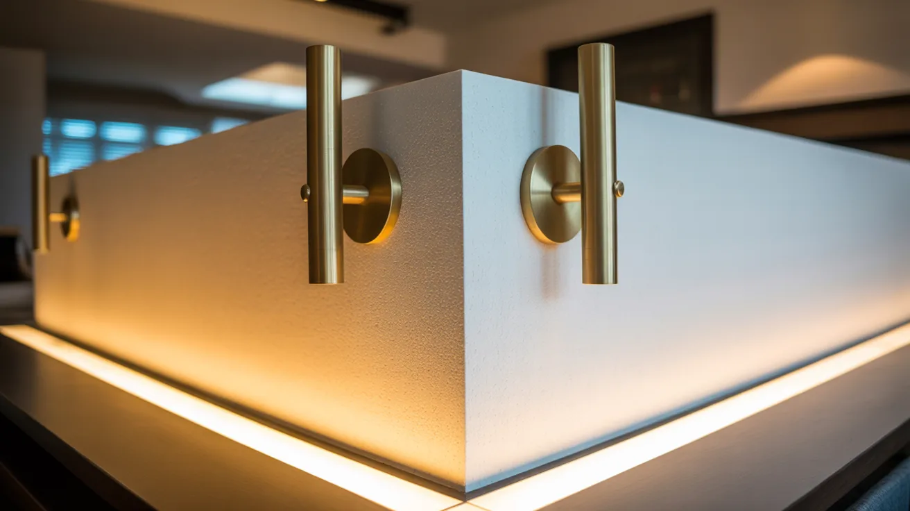 Sleek modern interior with a white, illuminated corner structure featuring brass handles. Warm lighting creates a cozy, elegant ambiance.