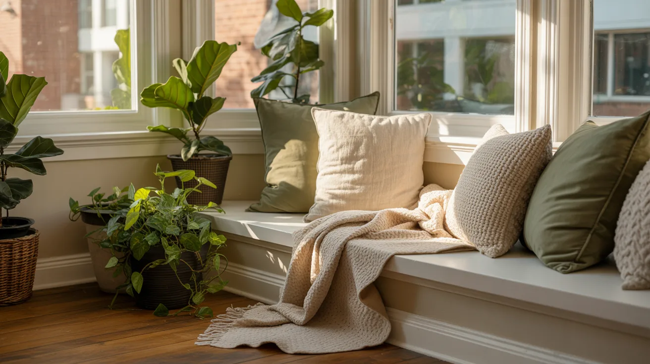  A cozy window seat adorned with colorful pillows and potted plants, inviting relaxation and natural light.