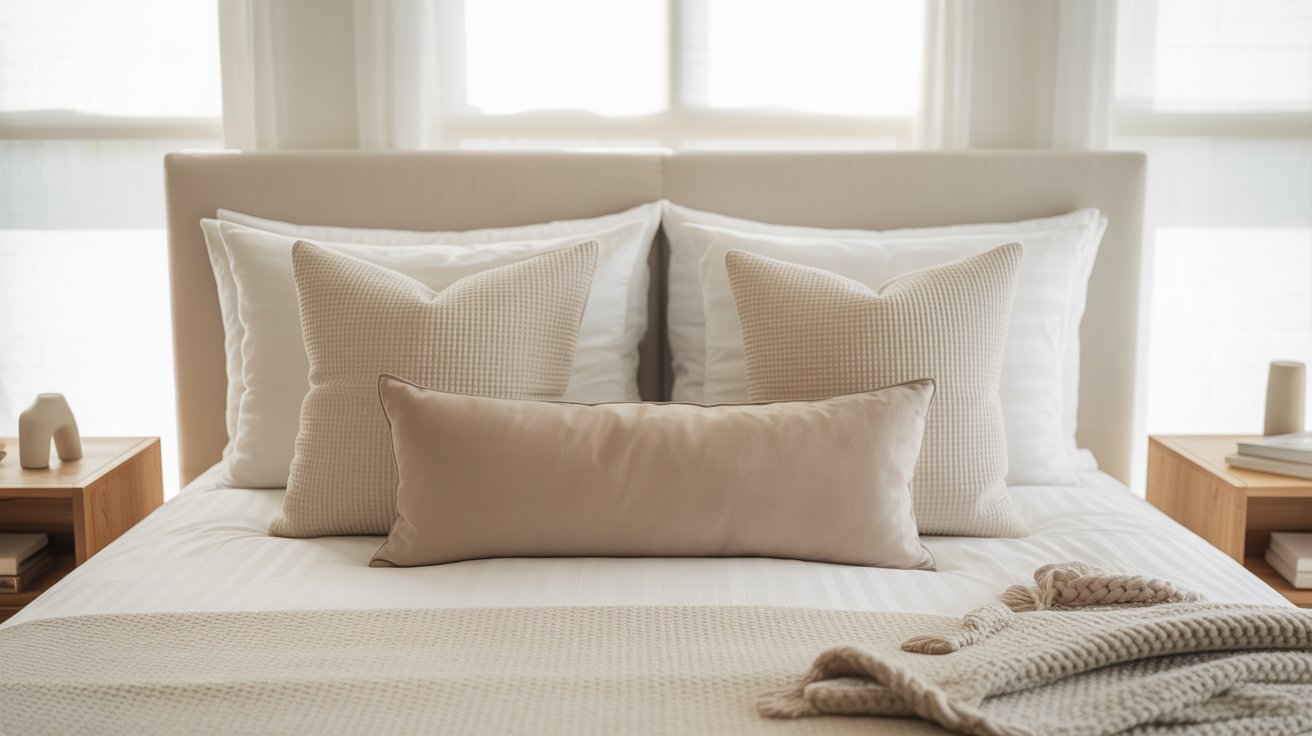 A neatly made bed with soft beige and white pillows, a cozy beige throw blanket, light wood nightstands, and a calm, inviting atmosphere.