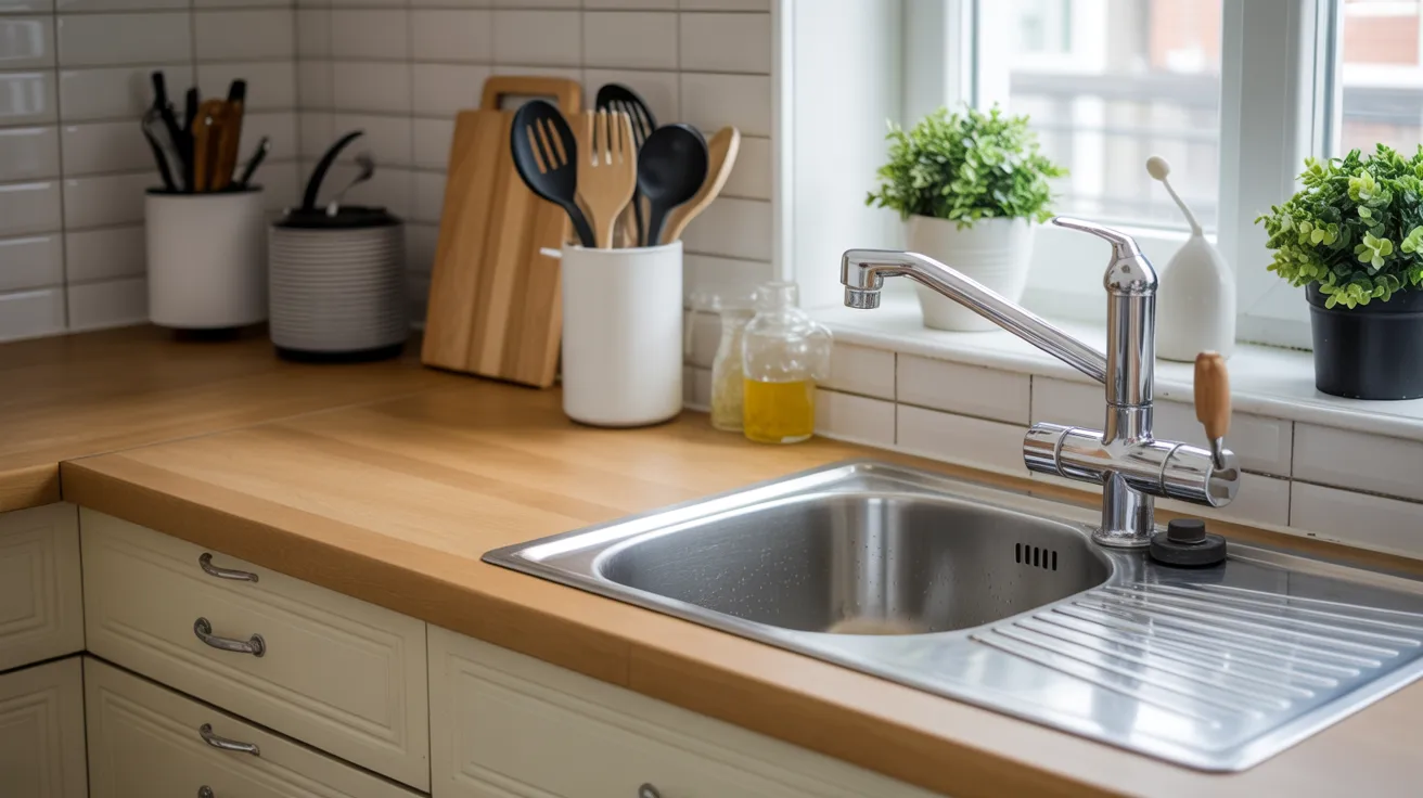 A kitchen sink set in a wooden counter, surrounded by various utensils for cooking and food preparation.