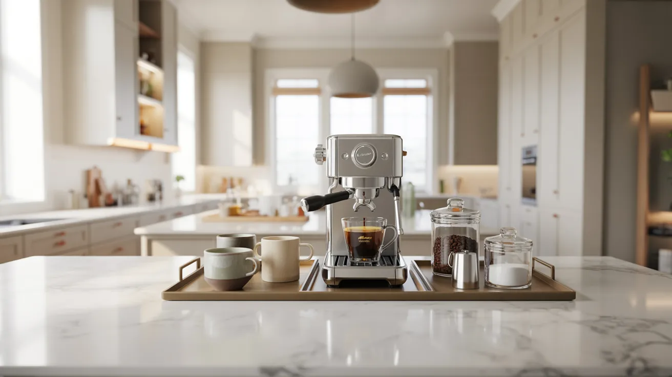 A sleek coffee machine is positioned on a kitchen counter, surrounded by kitchenware.