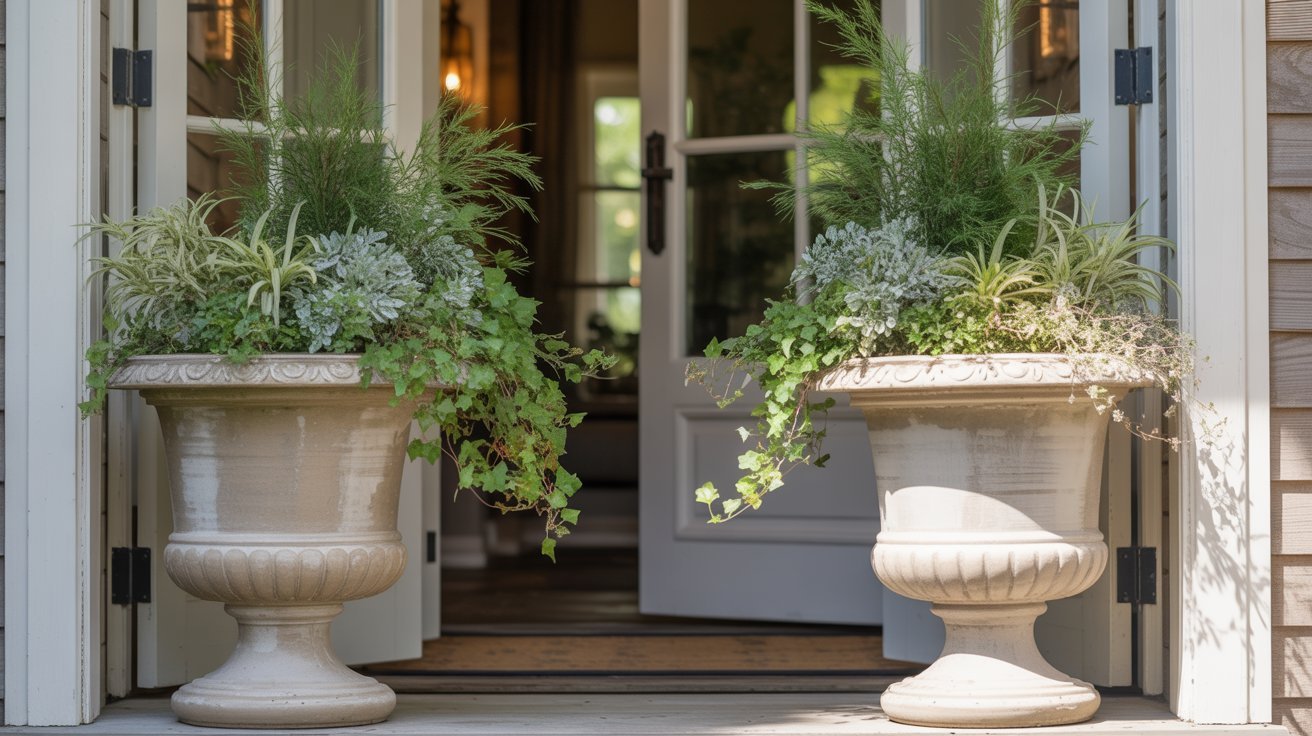Two large, elegant ceramic planters with lush greenery and ivy flank an open door, inviting a serene and welcoming atmosphere.