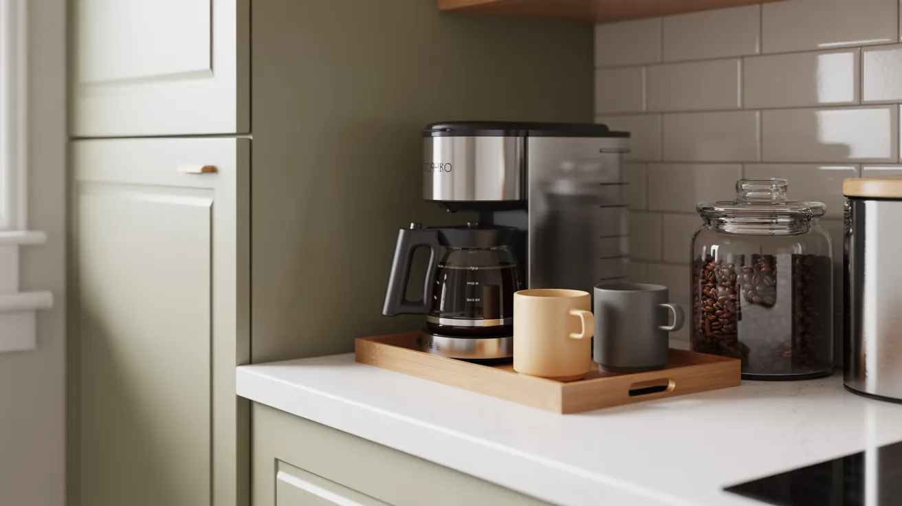 A modern kitchen counter with a coffee maker on a wooden tray, two mugs, and a jar of coffee beans. The space is clean and minimalist, with a calm tone.