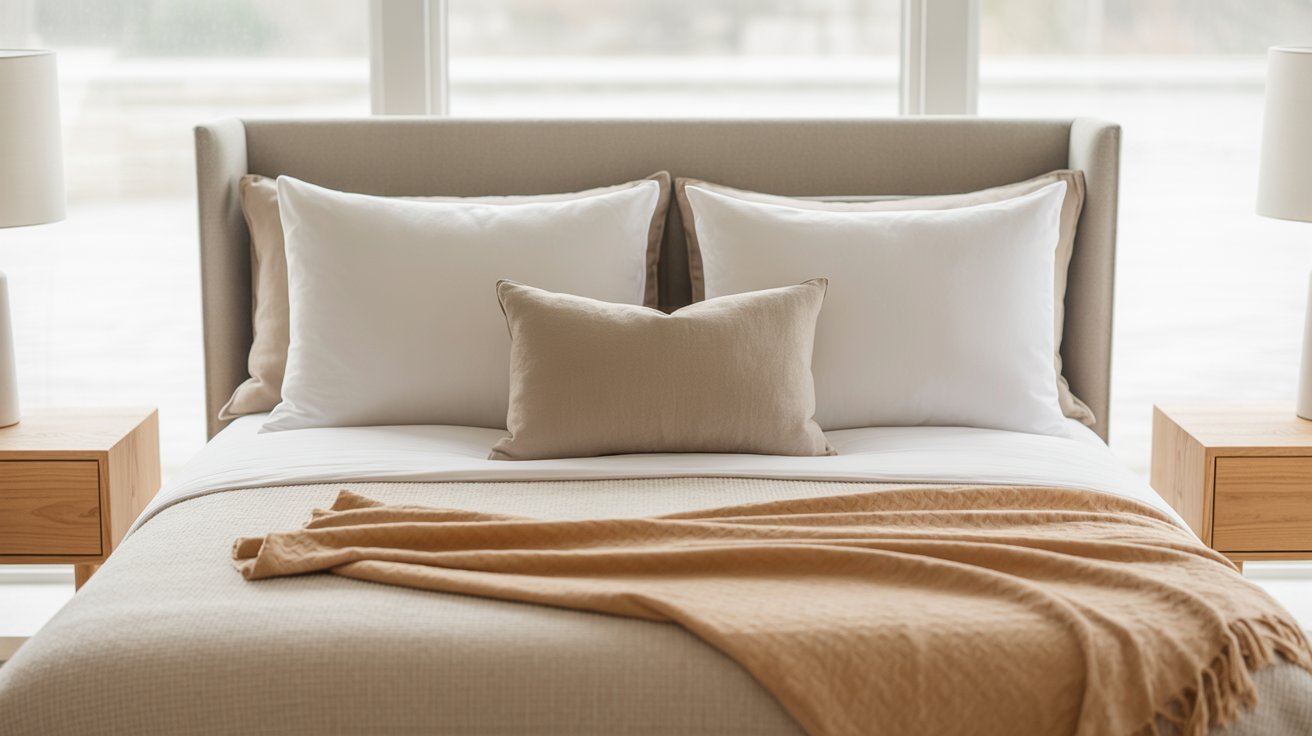 A neatly made bed with white pillows and a beige accent pillow. A brown throw is draped across the beige duvet. Minimalist wooden nightstands flank the bed.