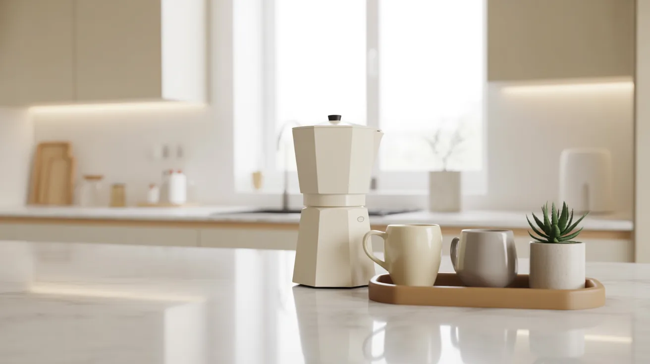 A sleek cream coffee maker and a tray with mugs and a small potted plant rest on a marble kitchen counter. The background features modern cabinetry.r