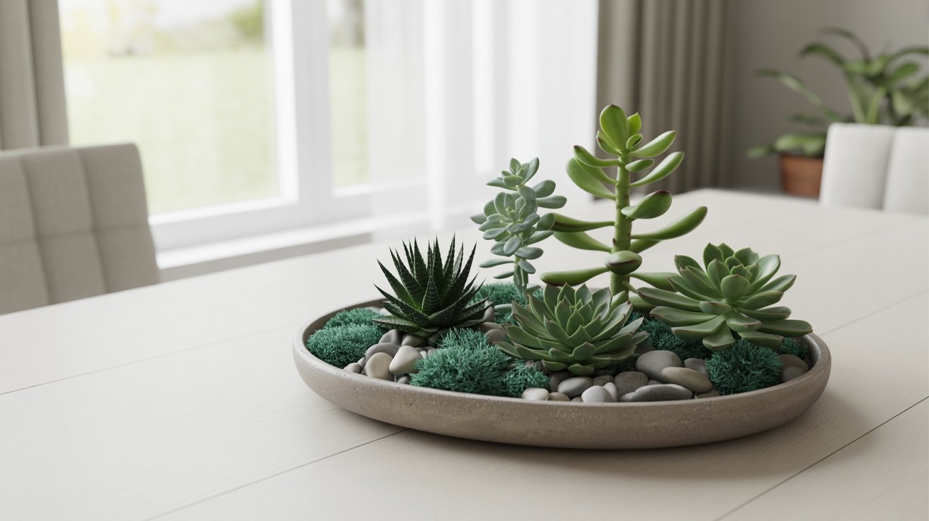 A minimalist table centerpiece with various succulents in a shallow, oval pot. It sits in a bright room, exuding calm and modern elegance.