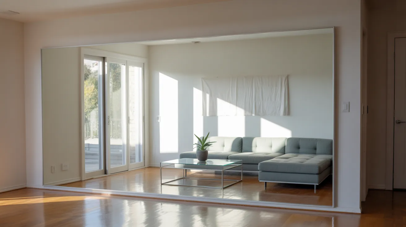 A minimalistic living room with large glass doors letting in natural light. Features a gray sectional sofa, glass coffee table, and a potted plant.