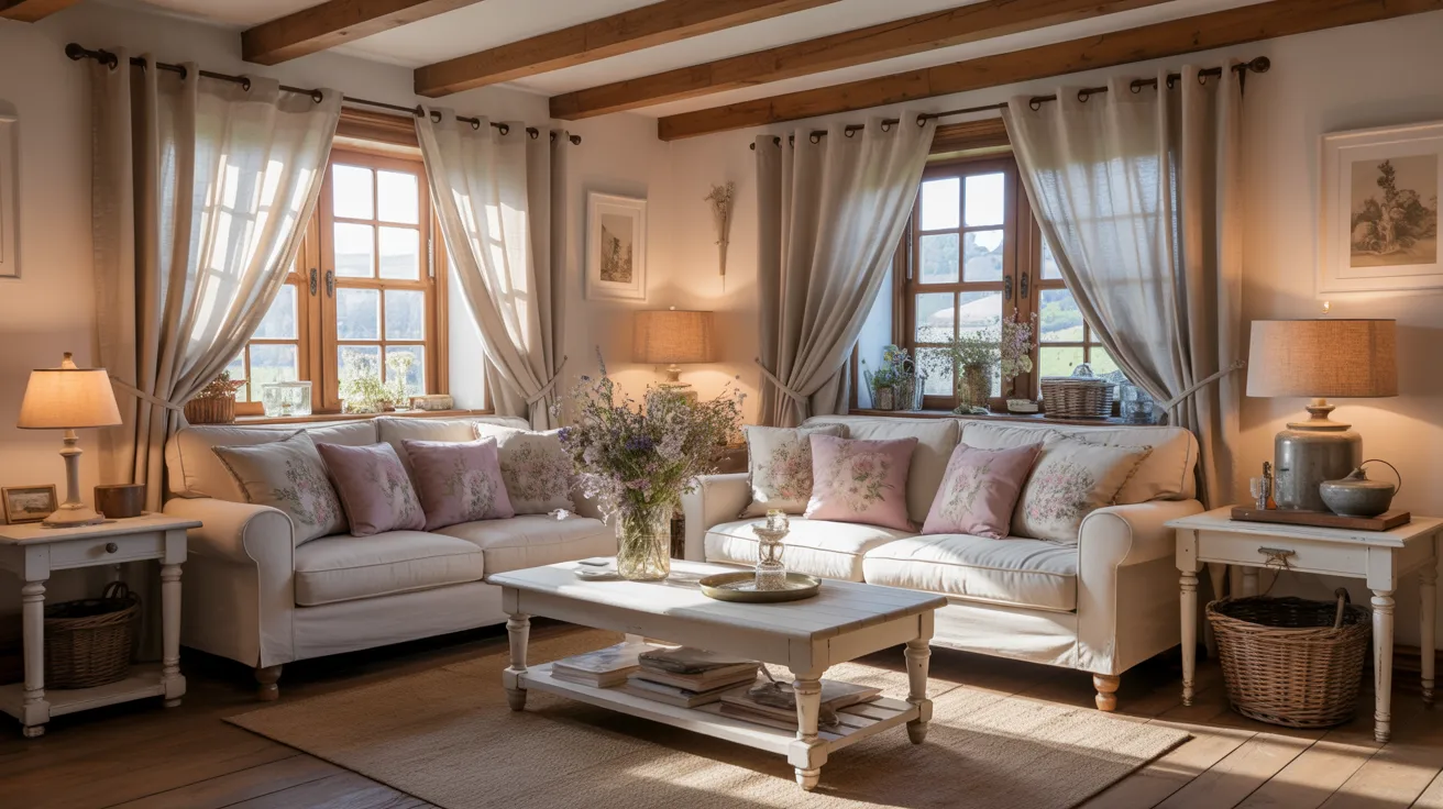 Cozy living room with white sofas, floral cushions, and wooden beams. Sunlit through large windows, it features soft lighting, a coffee table, and rustic decor.