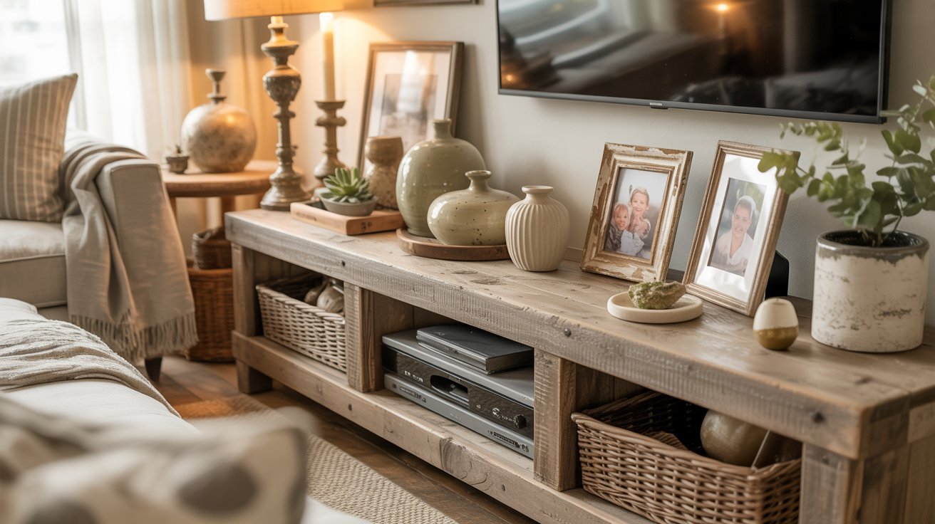 Cozy living room with wooden TV stand, framed family photos, decorative vases, and plants. Warm lighting, creating an inviting and homely atmosphere.