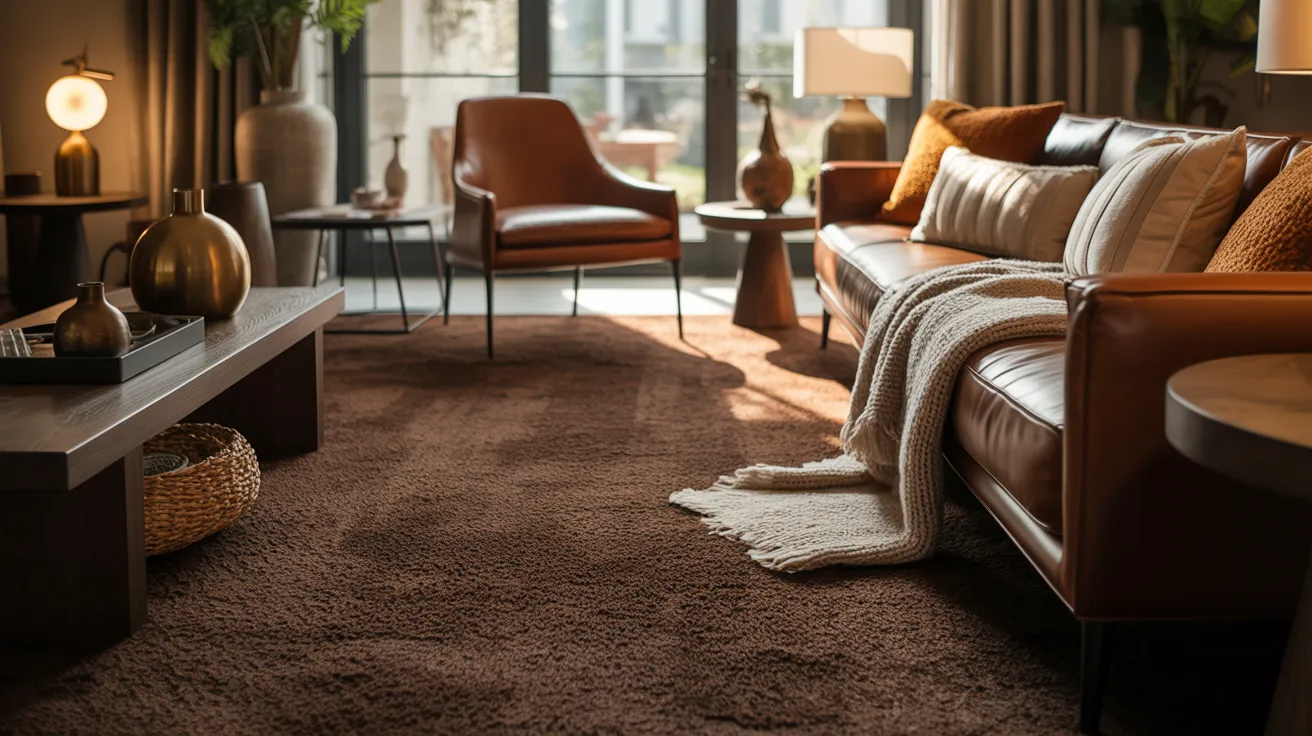 A cozy living room with a brown leather sofa, plush cushions, and a textured throw. Warm lighting and modern decor create an inviting, relaxed atmosphere.