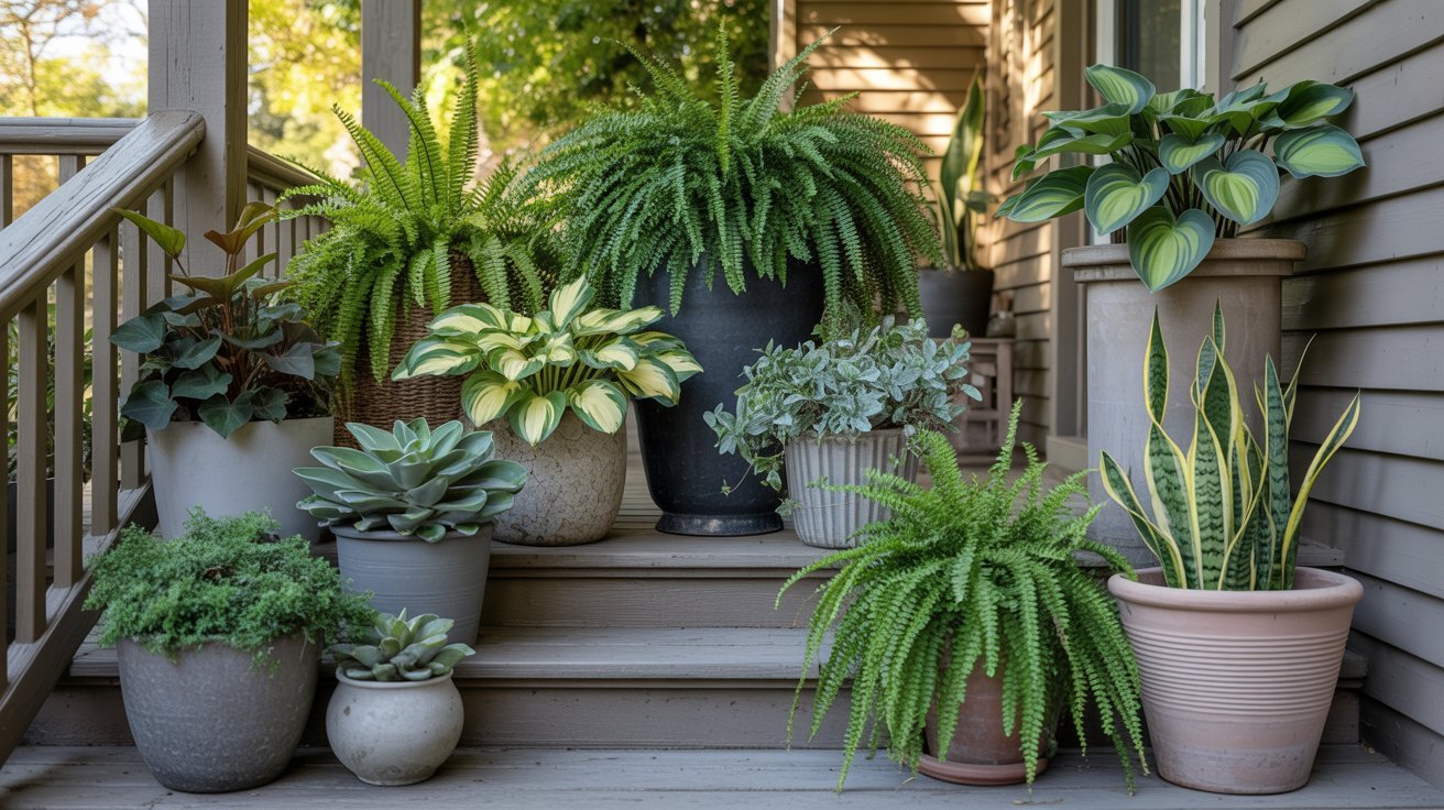 A variety of potted plants arranged on wooden porch steps, including ferns, succulents, and hostas, create a lush, serene outdoor setting.