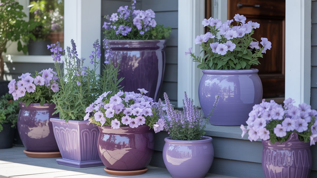A collection of purple flower pots with blooming lavender and petunias are placed on steps in front of a house. The scene is vibrant and serene.