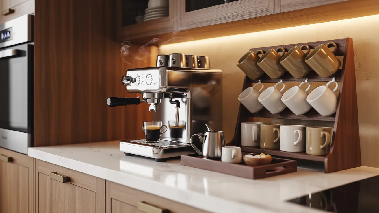 A sleek espresso machine brews coffee on a marble countertop beside a wooden rack holding mugs. The scene is warmly lit, evoking a cozy kitchen ambiance.