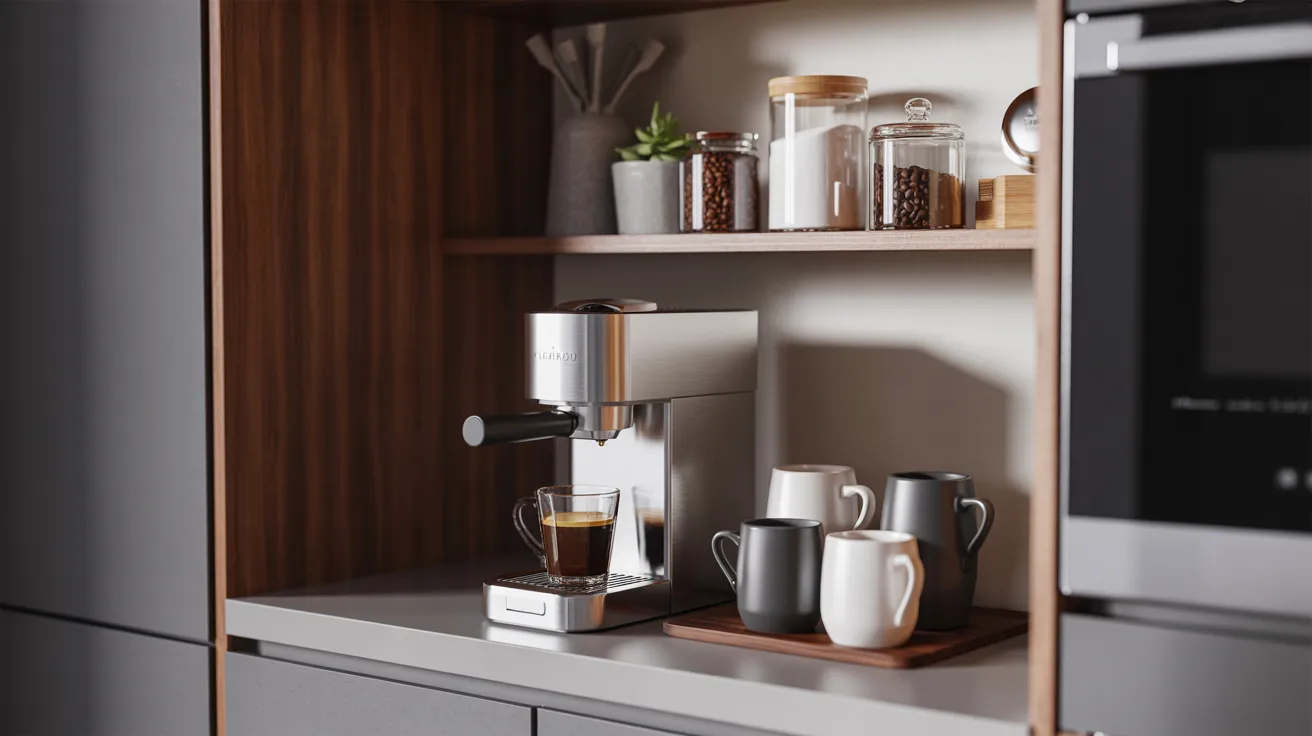 A coffee maker and various kitchen items arranged neatly on a shelf.