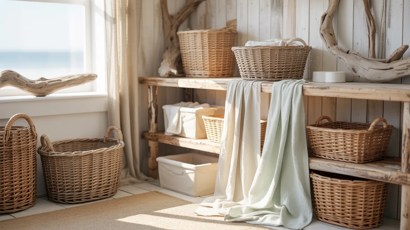 Cozy laundry room with wicker baskets on wooden shelves, soft towels draped, seashell decor, and sunlight streaming through a window. Calm, inviting atmosphere.