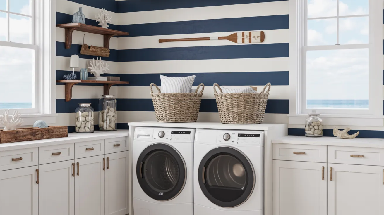 Laundry room with coastal decor, featuring a washer and dryer. Nautical stripes on walls, shelves with ocean-themed items, and basket accents.