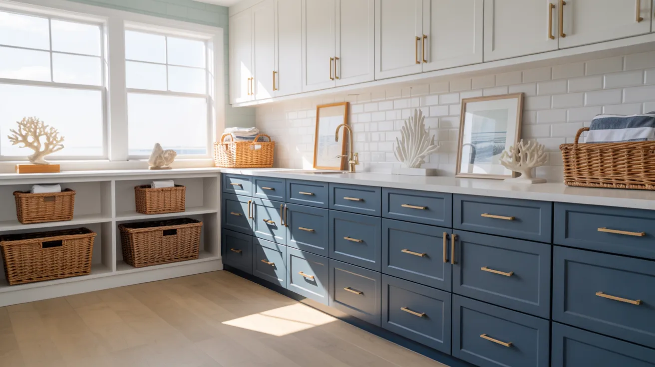 Elegant laundry room with blue lower cabinets and white upper cabinets, featuring wicker baskets, coral decor, and a bright, airy atmosphere.