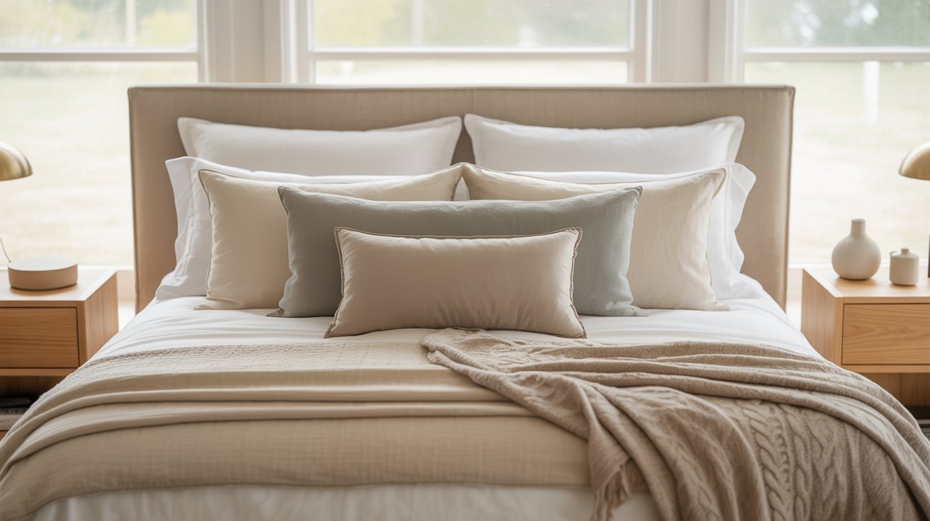 A cozy bedroom with a neatly made bed featuring cream and beige pillows, and a textured throw blanket. Soft light filters through large windows, creating a serene ambiance.