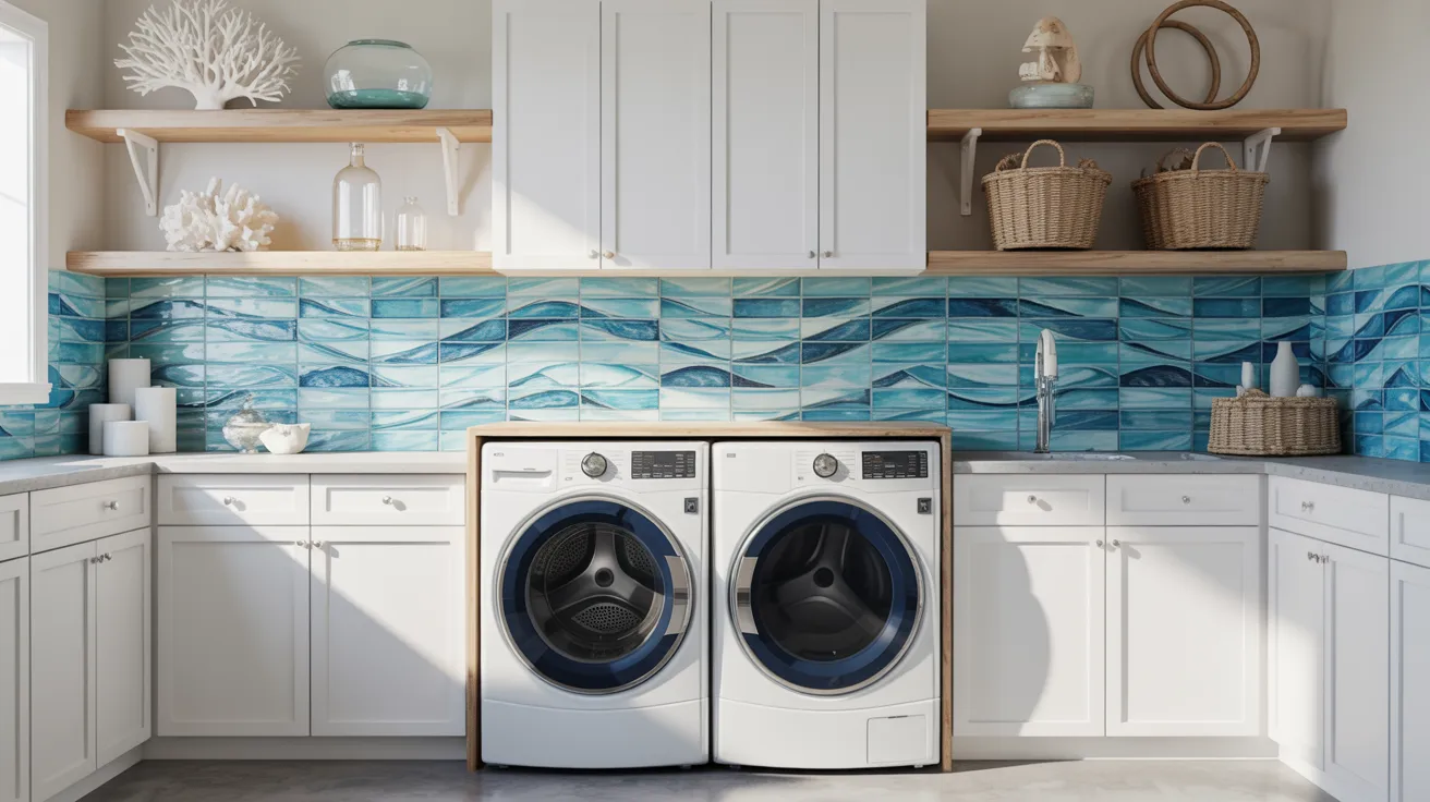 Bright laundry room with a front-load washer and dryer. White cabinets, blue wave-patterned tiles, wicker baskets, and ocean-themed decor create a serene vibe.