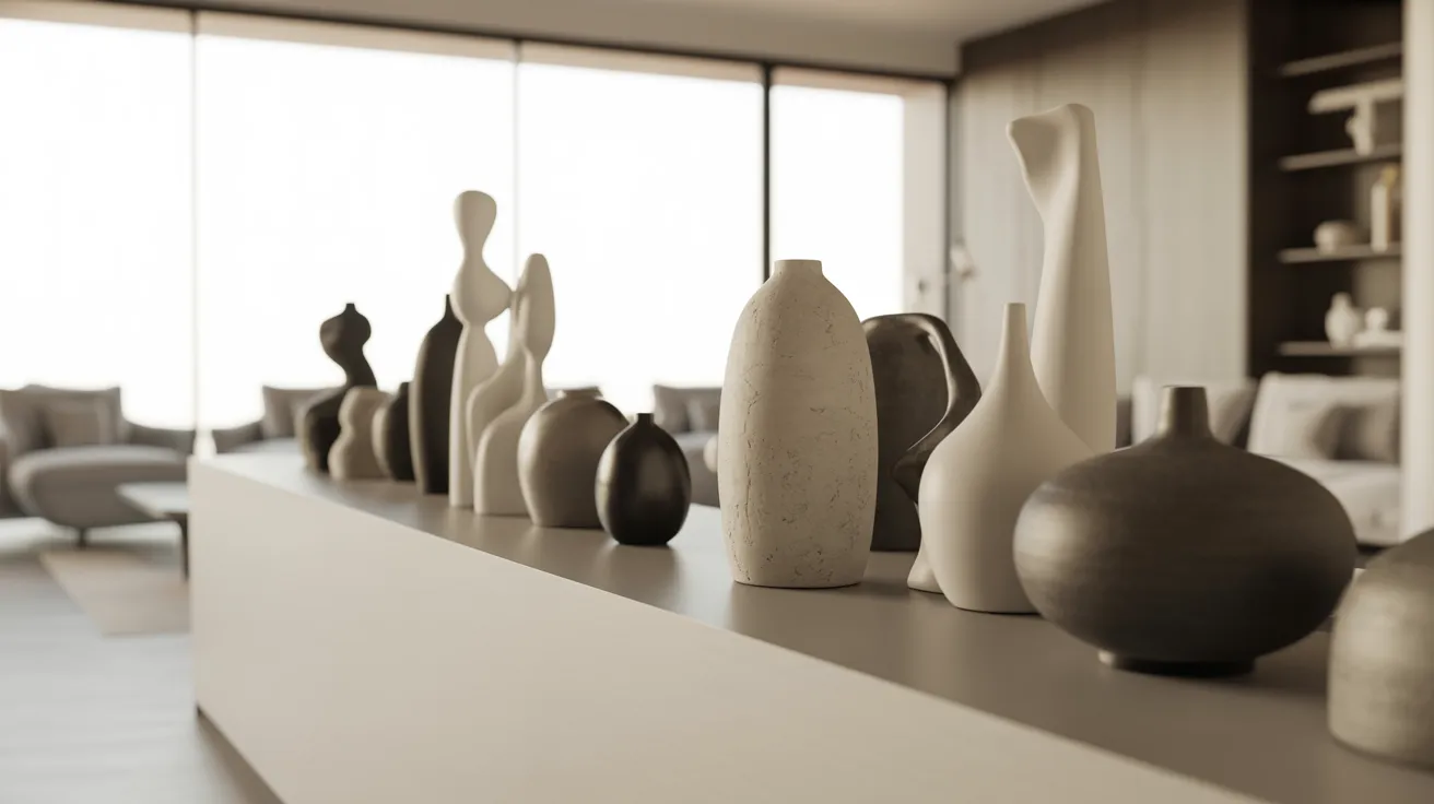 A row of elegant ceramic vases in varying shapes and neutral tones adorns a modern minimalist interior, creating a calm and sophisticated atmosphere.