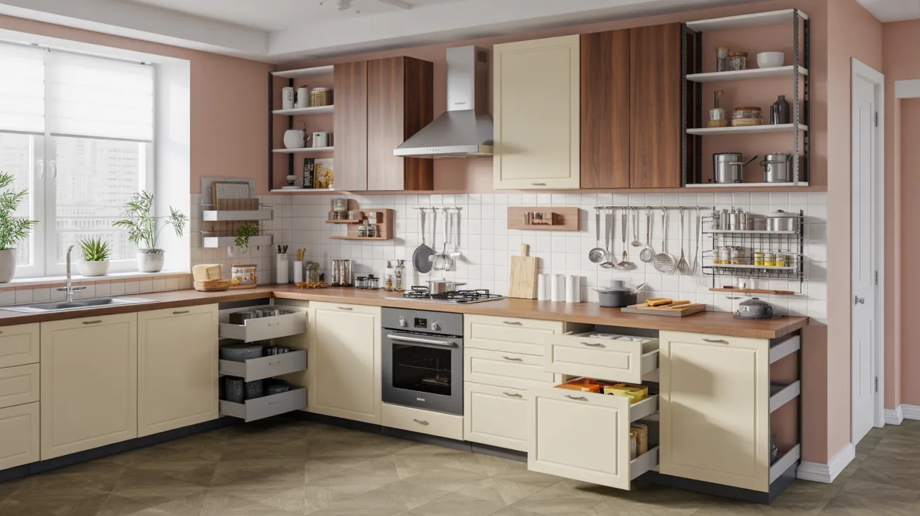 Modern kitchen with pink walls, white cabinets, and wooden countertops. Open drawers reveal utensils. Shelves hold plants and dishes. Bright and organized.