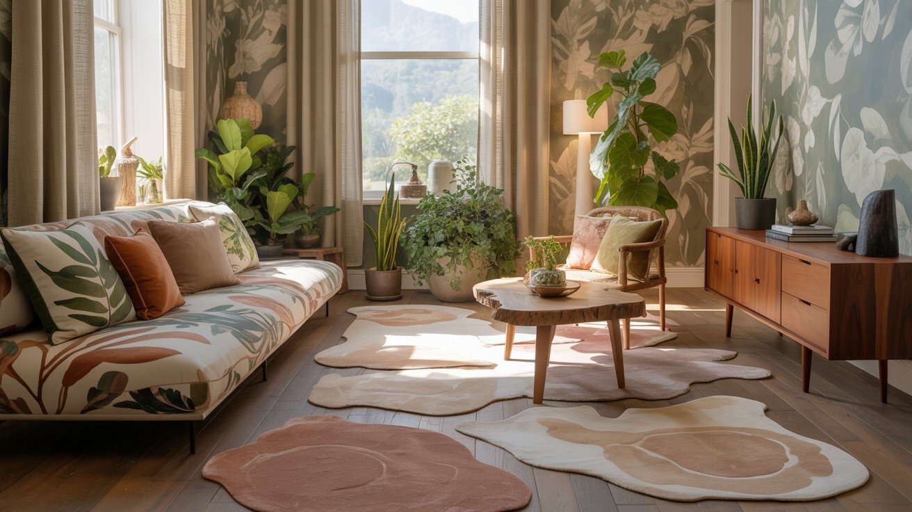 Cozy living room with leafy wallpaper, a patterned sofa, and plush rugs. Houseplants near a sunny window add a fresh, natural feel.